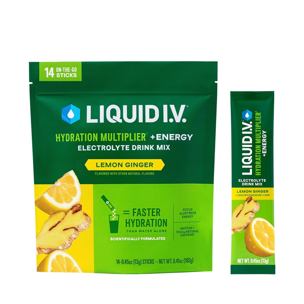 Multiplicador de hidratación I.V.® líquido +Energía - Lemon Ginger ← Electrolyte Powder Drink Mix tención 1 Pack (14 Servings)