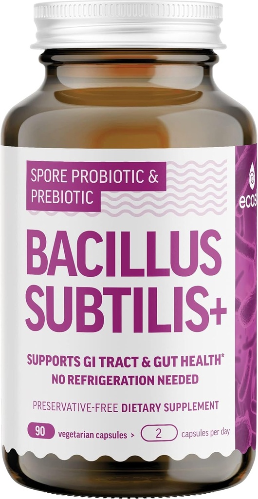Bacillus Subtilis Spore Based Probiotic — High Potency Strain with Prebiotic for Balanced Belly ← Daily Gut Health & Microbiome Apoyo a la familia ← 6 Billones CFU Por día ← 90 cápsulas vegetarianas