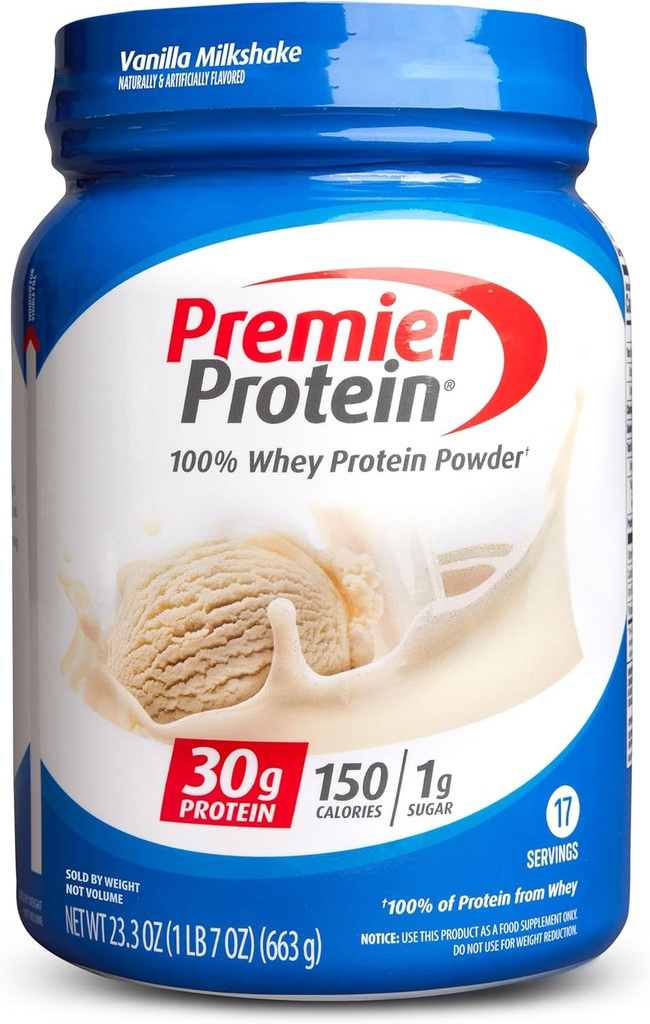 Premier Protein Powder, Vanilla Milkshake, 30g Protein, 1g Sugar, 100% Whey Protein, Keto Friendly, No Soy Ingredientes, Gluten Gratis, 17 Servings, 23.3 Ounces