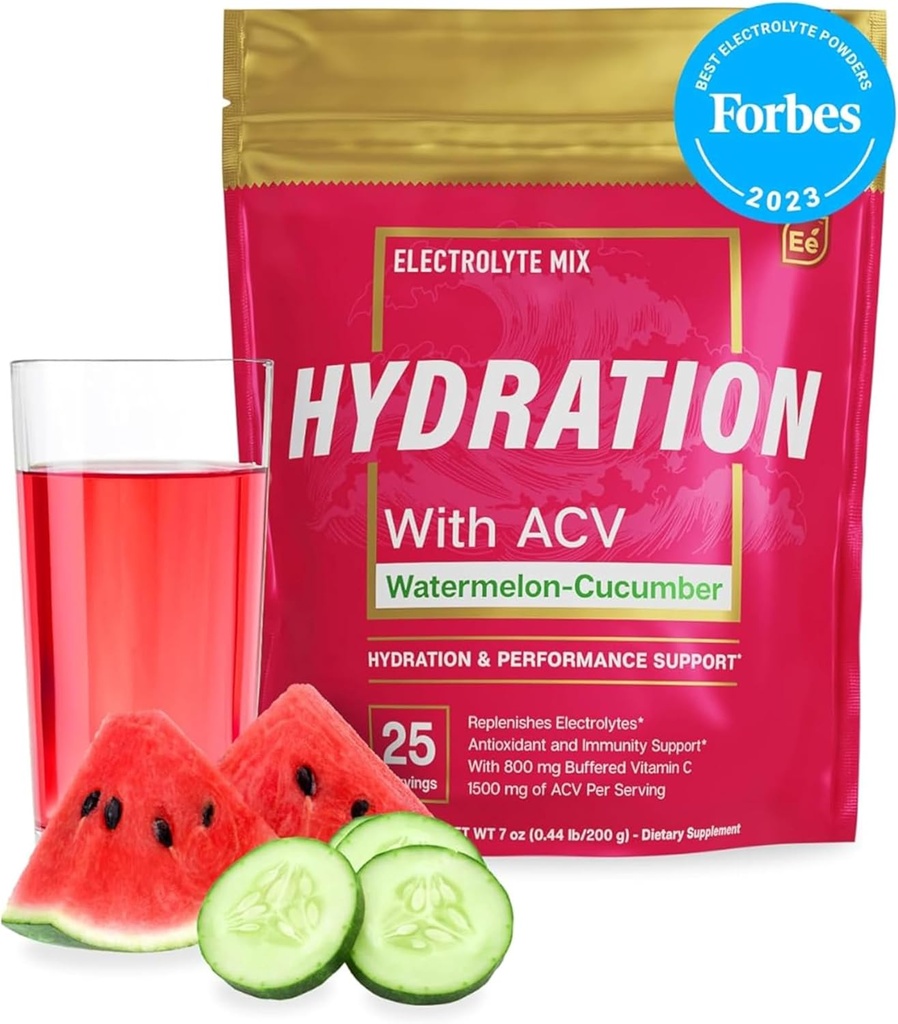 Elementos esenciales Hydration Packets - Watermelon Cucumber Pack - Sugar Free Electrolytes Powder Packets - 25 Stick Packs of Electrolytes Powder No Sugar - Hydration Drink - with ACV & Vitamin C