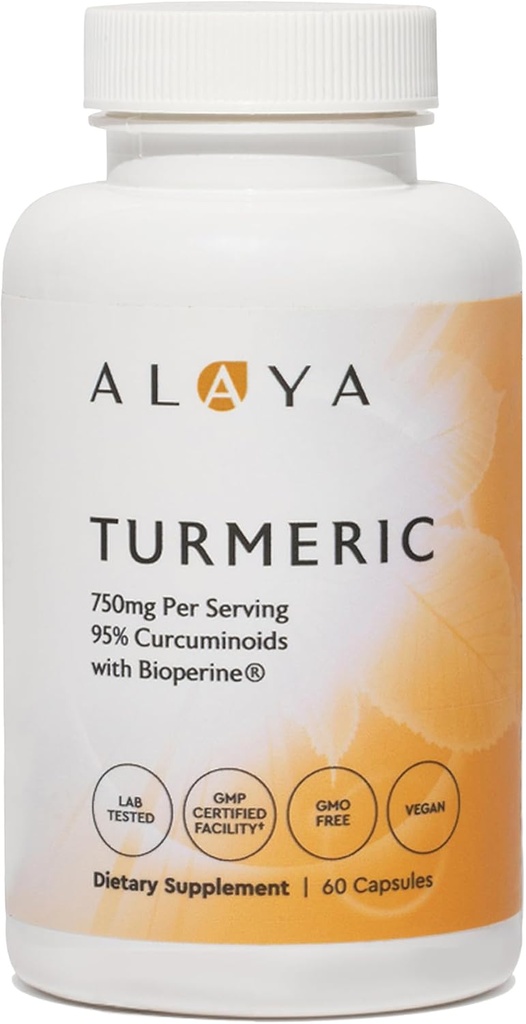 Alaya Naturals Turmeric Curcumin Suplemento con BioPerine – 750mg Por Serving, 95% Curcumin Extracto Cápsulas Turméricas para Confort Conjunto, Movilidad & Absorción – No GMO, Vegan, Lab