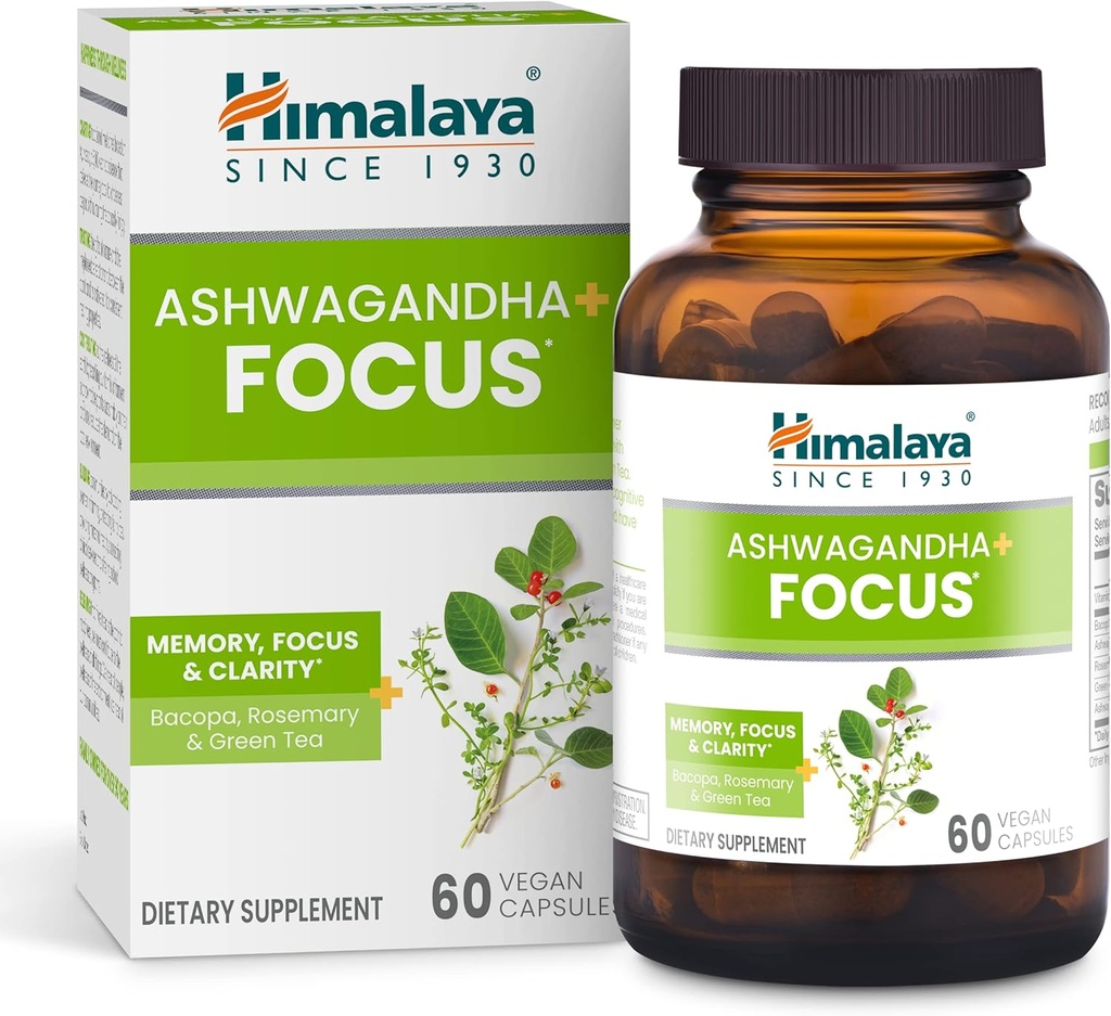 Himalaya Ashwagandha+ Focus - Suplemento Herbal Focus con B12, Rosemary, Green Tea y Bacopa Nootropics for Memory and Clarity - Vegan, Non-GMO, Gluten Free, 1690 mg, 60 Caplets