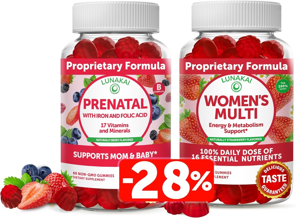 Vitamina Prenatal de Lunakai y Gummies Multivitamínicas de Mujeres Bundle - Embarazo Gummy Multivitamínico con Ácido Hierro y Fólico - con 100% Valor Diario de 16 Vitaminas y Minerales Esenciales - 30 Días Suministro