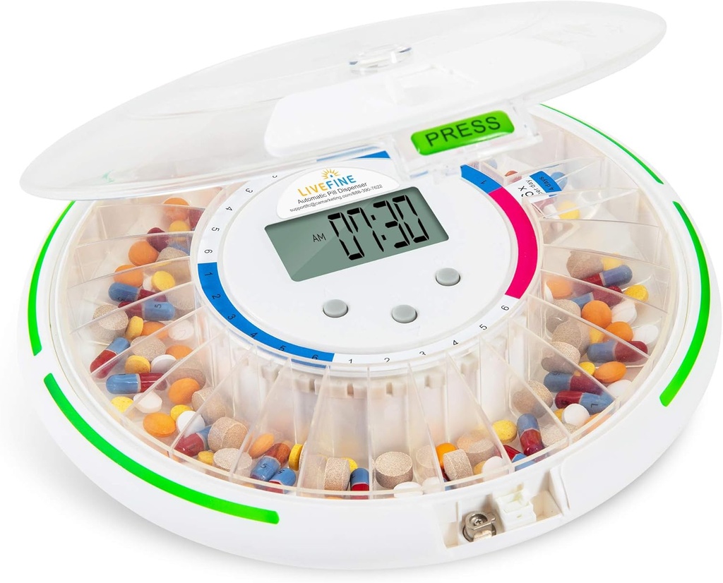 Dispensador automático de píldoras en vivo con organizador electrónico de medicamentos de 28 días, 6 plantillas de dosis, pantalla LCD fácil de leer, sonido " alertas de luz " clave para las recetas, vitaminas, suplementos "