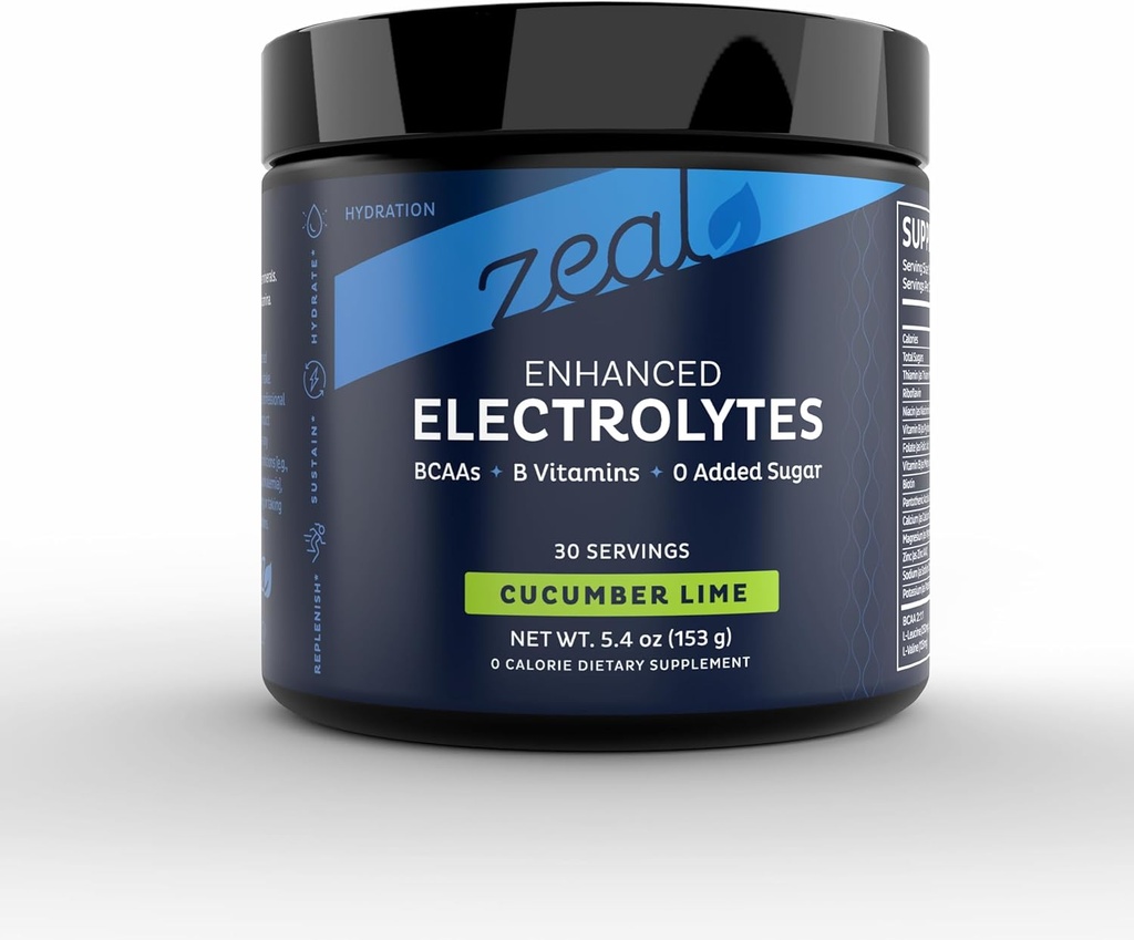 Zeal Electrolyte Powder Recovery Drink (30 Servings ¦ Cucumber Lime) w 0 Sugar +BCAAs +B-Vitamins Suplemento electrolito w Potasio Zinc & Magnesio para la hidratación - Keto Electrolitos
