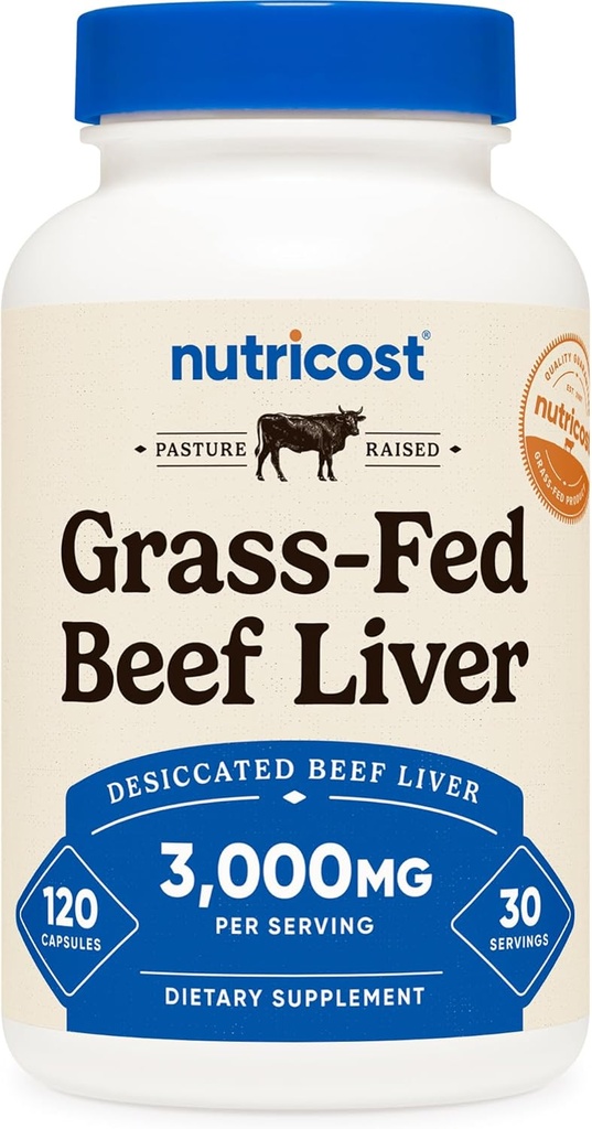 Nutricost Grass Fed Desiccated Beef Liver Capsules 3000mg (750mg Por Cap), 120 Capsules - Sin hormonas, no GMO, Gluten Free, Pasture-Raised, Free Range Beef