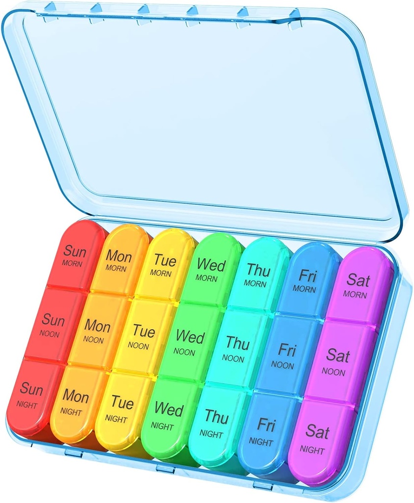 Organizador Daviky Pill Travel, organizador semanal de píldoras 3 veces al día, caja de píldoras 7 días, cajas de píldoras Organizadores 7 días, organizador diario de caja de píldoras, organizador de medicina para mantener vitaminas y medicamentos (lue)