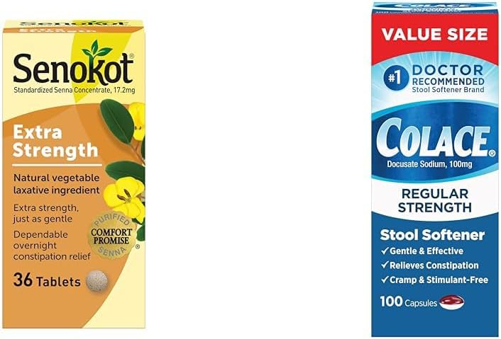 Senokot Extra Strength Natural Vegetable Laxative for Gentle Overnight Relief & Colace Regular Strength Stool Softener 100 mg Capsules 100 Conde Docusate Sodium Stimulant-Free