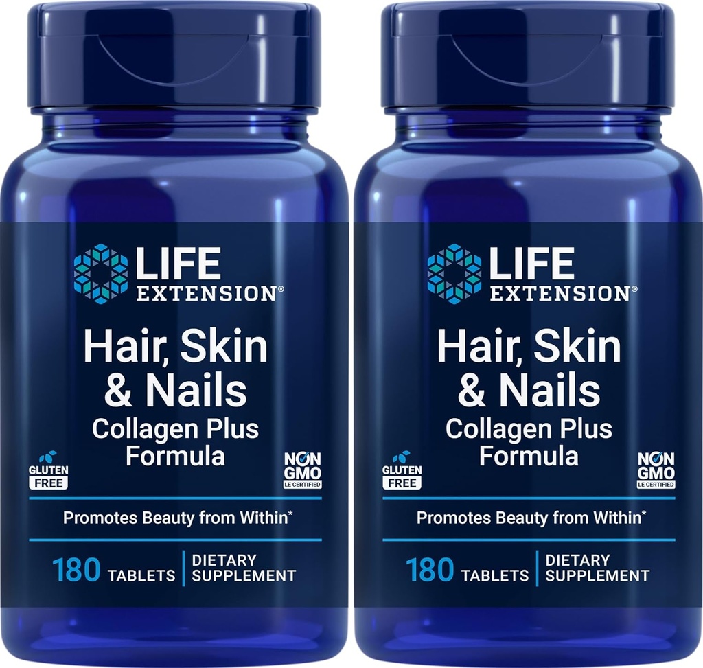 Extensión de la vida Pelo, piel & uñas Collagen Plus Fórmula, 180 Tabletas (Pack of 2)