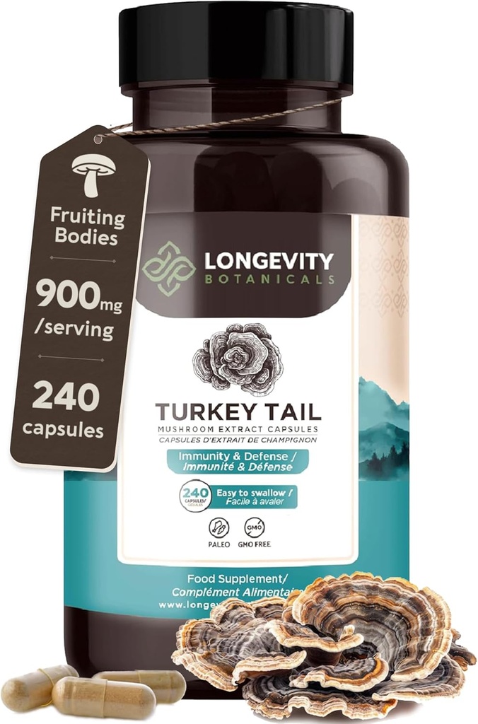 Orgánica Turquía Tail Mushroom Capsules Suplemento (240) Silencio Pure Fruiting Body 10:1 High Strength Extract ← 50% Beta-D Glucans  9,000mg Raw Equivalent Por Serving confidencialidad Immune, Gut & Microbiome Support