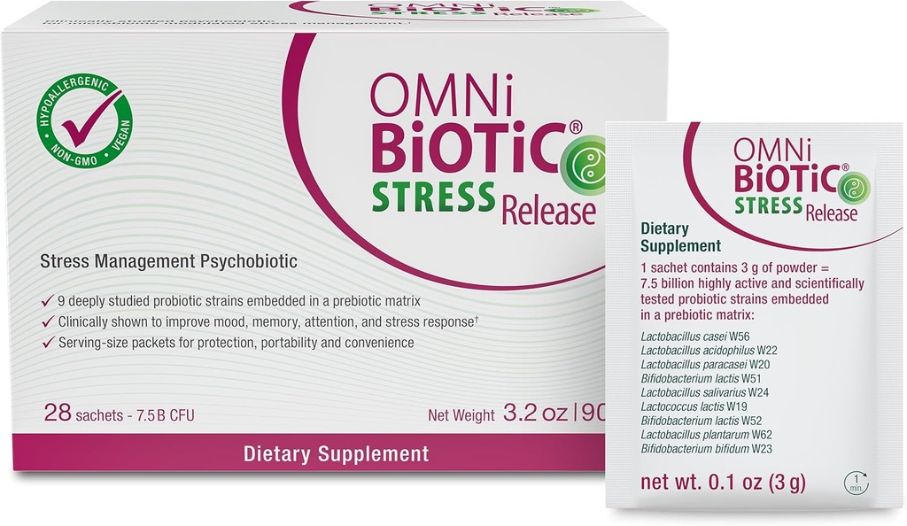 Stress Release - Probiótico clínicamente probado para el manejo de estrés " Axis de Gut-Brain - Probiótico de estrés y Probiótico de Mood - Vegan, No GMO (28 paquetes diarios)