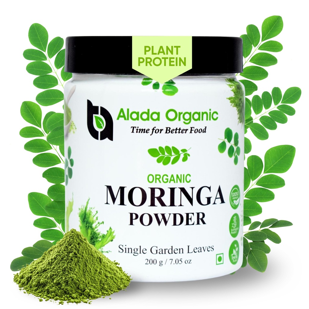 Moringa Powder Orgánica Certificada Moringa Leaf Powder, Moringa Oleifera - Rico en Antioxidantes y Vitamina Inmuna, Superalimentos para Moringa Té, Moringa Drink, India Grown, Vegan -7.05 OZ