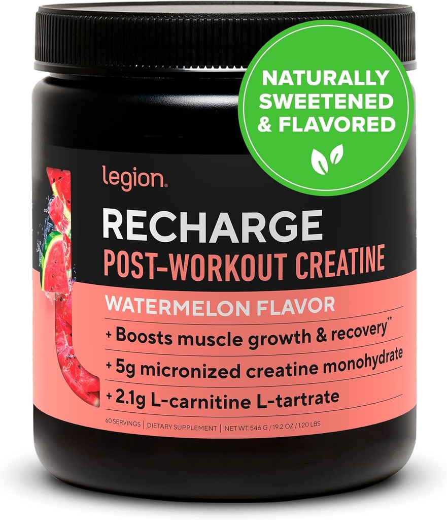 LEGION Athletics Recharge Post Workout Suplemento - All Natural Muscle Builder " Recovery Drink with Creatine Monohydrate. Naturalmente endulzada, segura y saludable (Watermelon, 60 servidumbres)
