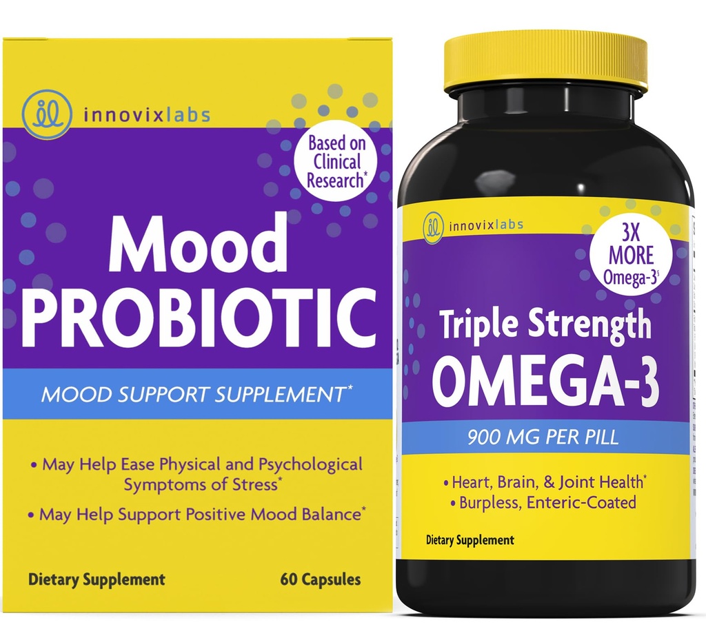InnovixLabs Mood Probiotic & Triple Omega Bundle Probiotic (60 Capsules) Triple Fuerza Omega-3 Fish Oil (200 Softgel). Apoya Cerebro, Juntas y Salud Inmunitaria*
