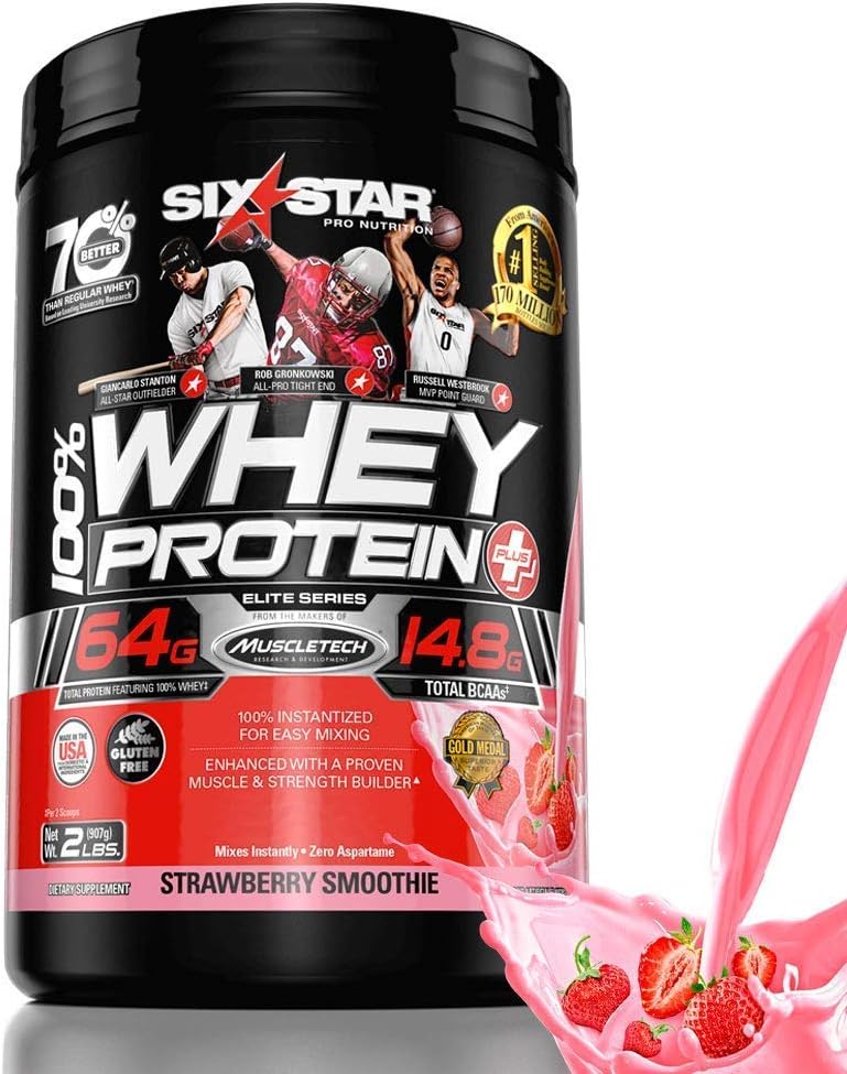 Whey Protein Powder ← Six Star Whey Protein Plus tóxico Whey Protein Isolate " Peptides  Lean Protein Powder for Muscle Gain ANTE Muscle Builder for Men ' Women TEN Strawberry, 2 lbs (Package May Vary)