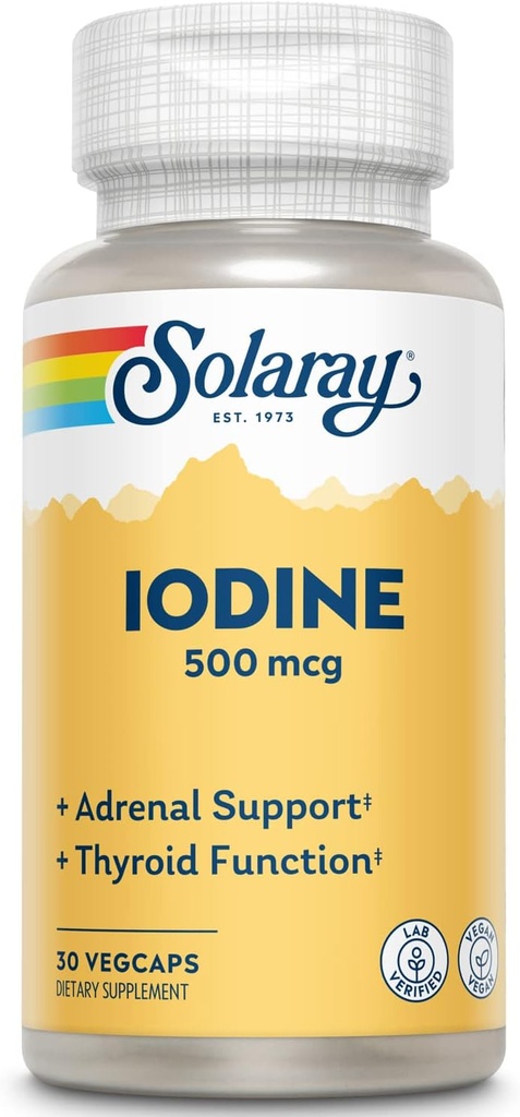 [BRSWIZQ5BIPBM2DM] Solaray Iodine 500 mcg, Suplemento de yodo para el soporte adrenal y tiroides saludables, energía, metabolismo y foco, Ioduro de potasio, Vegan, garantía de 60 días de dinero, 30 servicios, 30 VegCaps