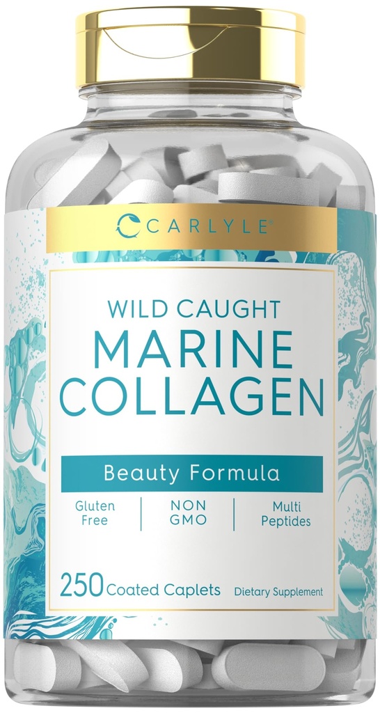 Carlyle Marine Collagen for Hair Skin and Nails  250 Caplets ← Peptides for Women and Men Silencio Tipo I with Calcium ← Non-GMO &amp; Gluten Free