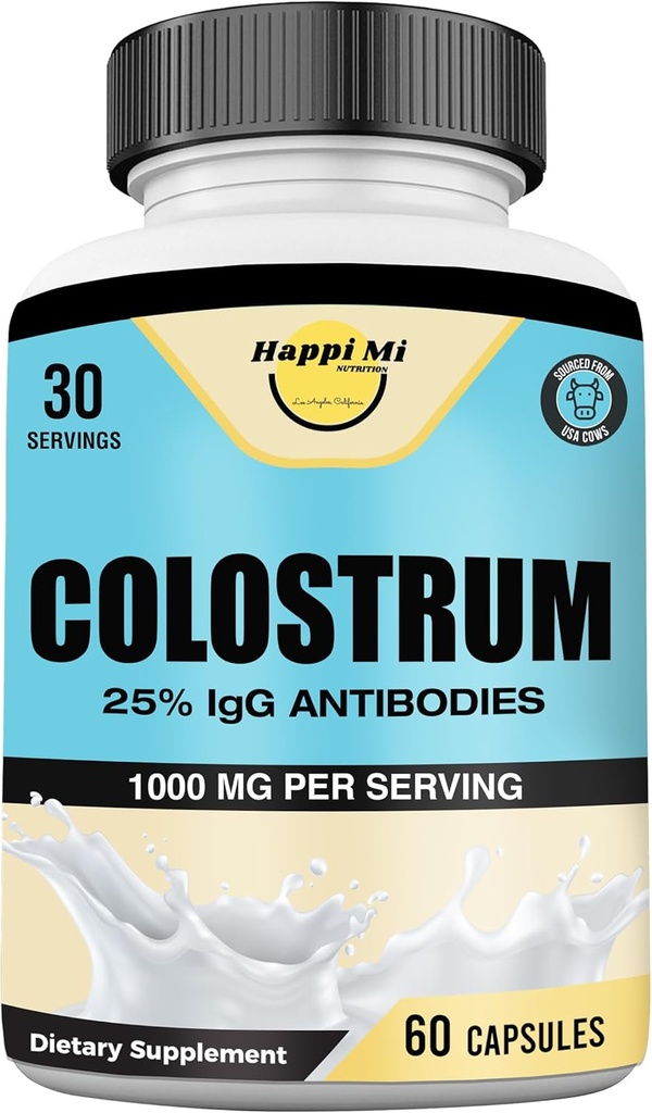 Colostrum Capsules 1000mg Por Serving - Fuente de EE.UU., 25% Inmunoglobulina para soporte inmunitario " Gut Health, 60 cápsulas, 30 servicios