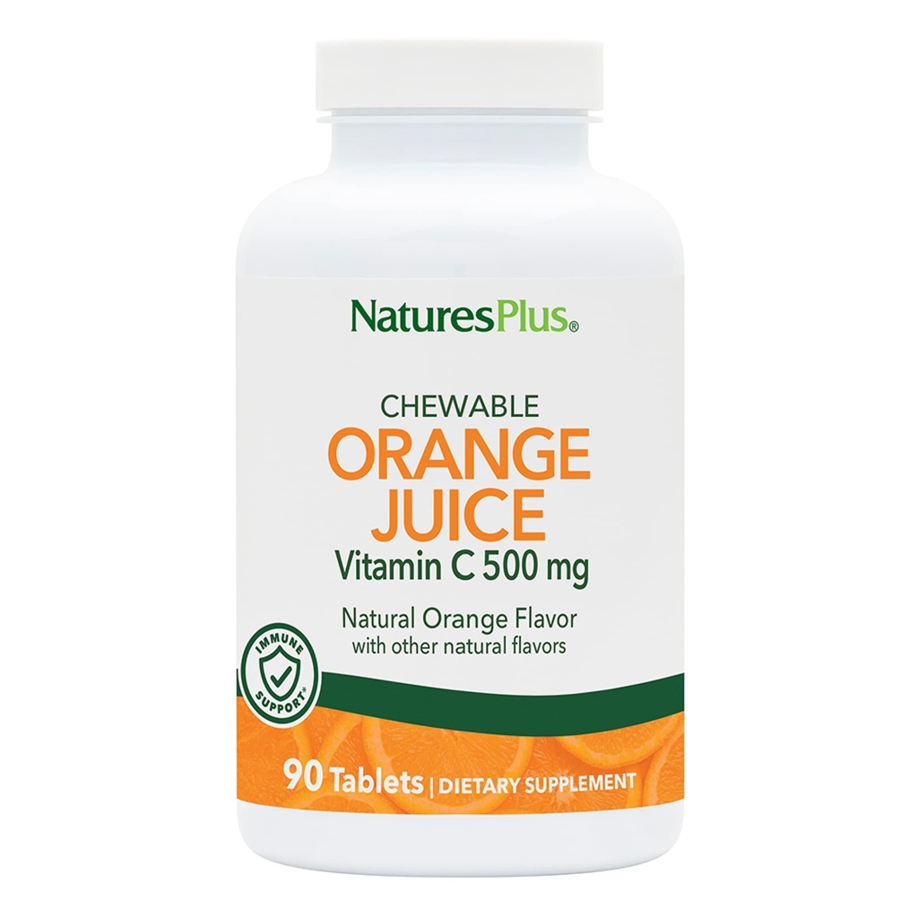 NaturesPlus Orange Juice Chewable Vitamin C - 500 mg, 90 Tablets - High Potency Immune & Vascular Health Support Supplement, Antioxidant - Gentle On Stomach - Vegetarian, Gluten-Free - 90 Servings