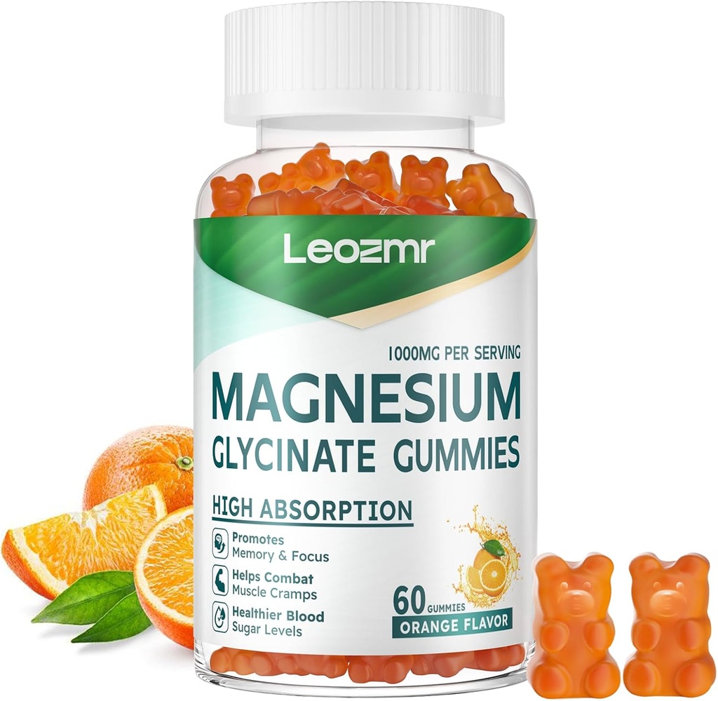 Magnesio Glycinate Gummies 1000mg - Suplemento de Potasio de Magnesio Libre de Azúcar con Vitamina D, B6, CoQ10 para calma Mood &amp; Sleep Support - 60 Orange Gummies