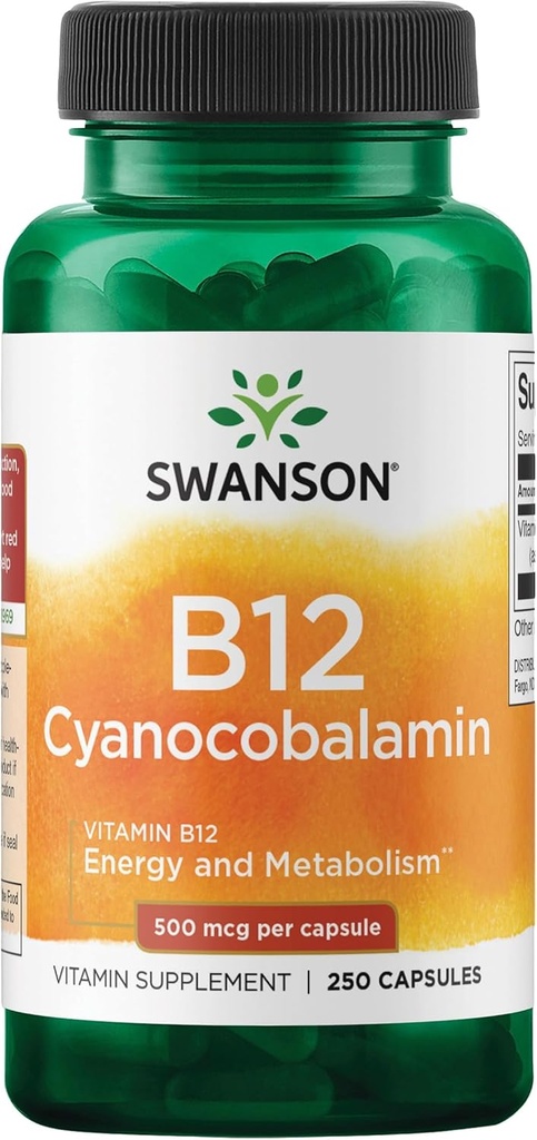 Swanson Vitamina B12 (Cyanocobalamin) - 500mcg Cada, 250 cápsulas - Energía, sistema nervioso y apoyo general de bienestar