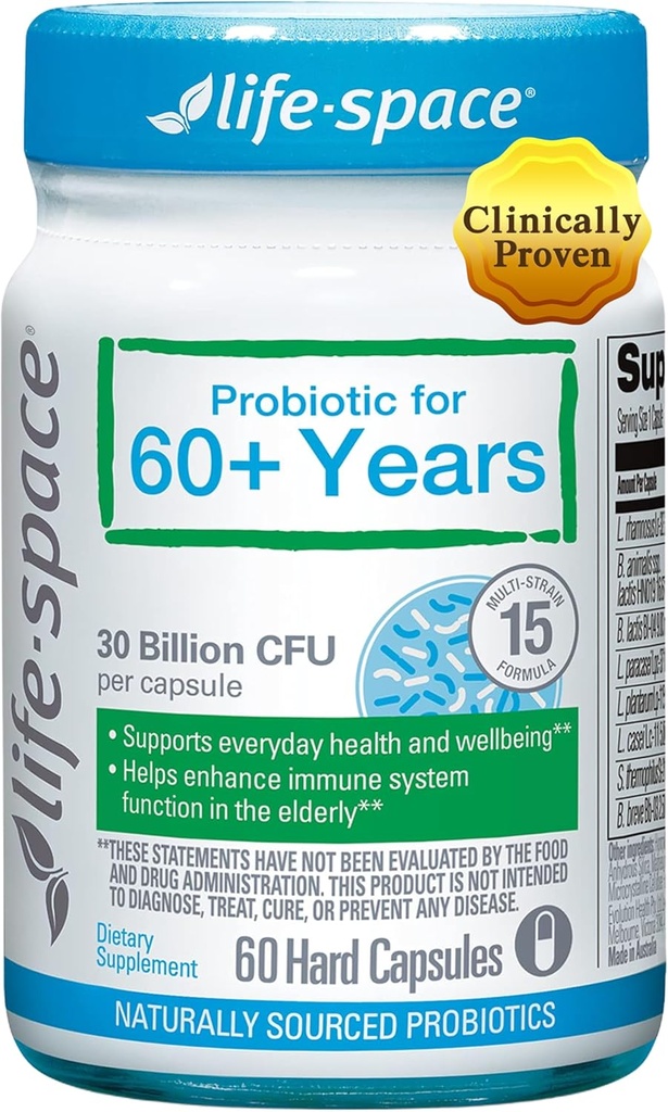 Probiótico Life-Space para más de 60 años, soporta la inmunidad intestinal y la salud, la vitalidad gastrointestinal, lactis bifidobacterium, 30 millones de CFU, múltiples cadenas - 60 cápsulas