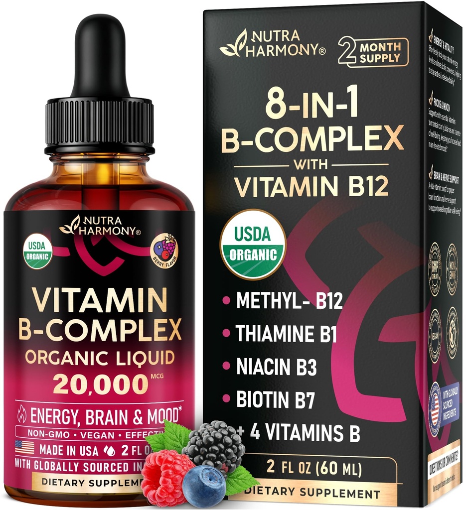 USDA Organic Vitamin B-Complex B5 Pantothenic Acid TEN B12 Methylcobalamin TEN B1 Thiamine TEN B6 Pyridoxine TEN B7 Biotin TEN B9 Folic TEN B3 Niacinamide - B Complex Liquid Drops, Made in USA Supplement, 2fl oz