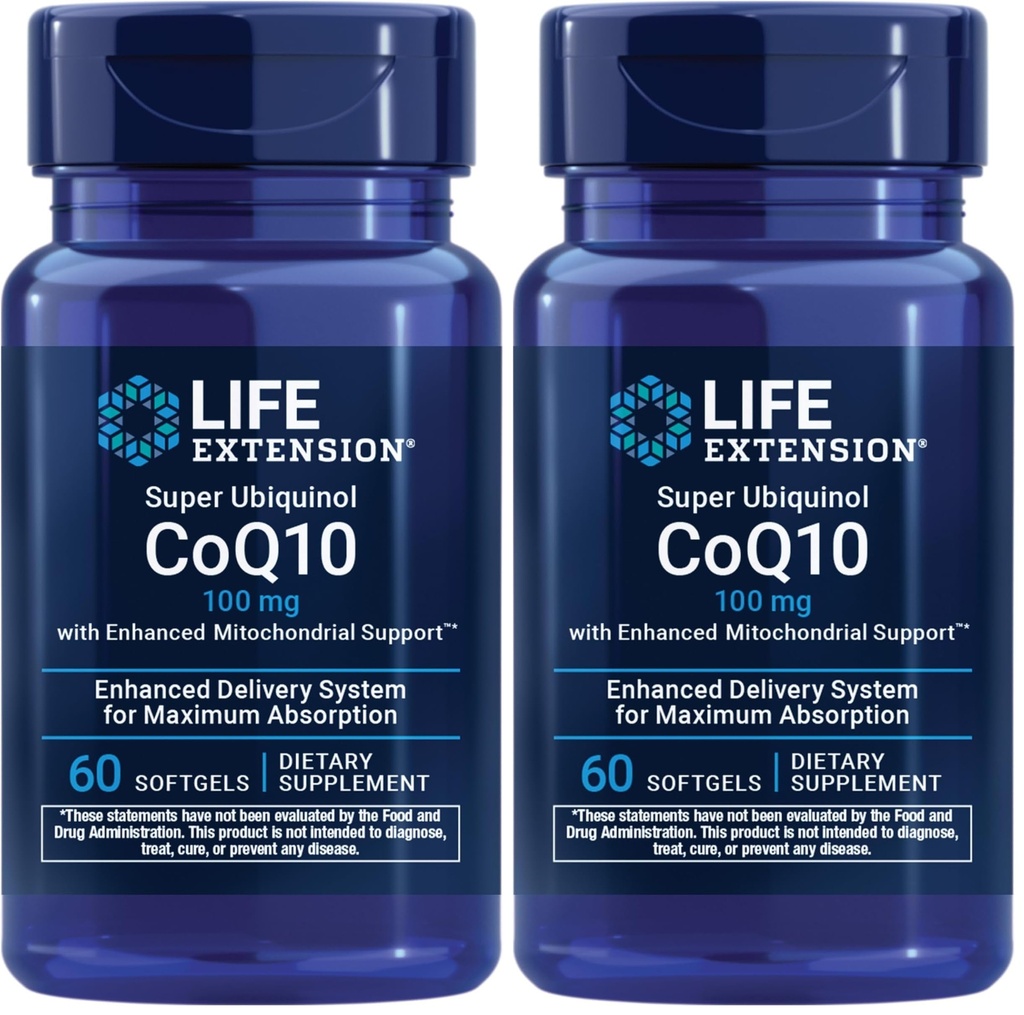 Super Ubiquinol CoQ10 con soporte Mitocondrial mejorado, Potent Heart Health & Cellular Energy Production Support,Ultra-absorbable,Gluten-Free,Non-GMO, 100 mg, 60 softgels (Pack of 2)