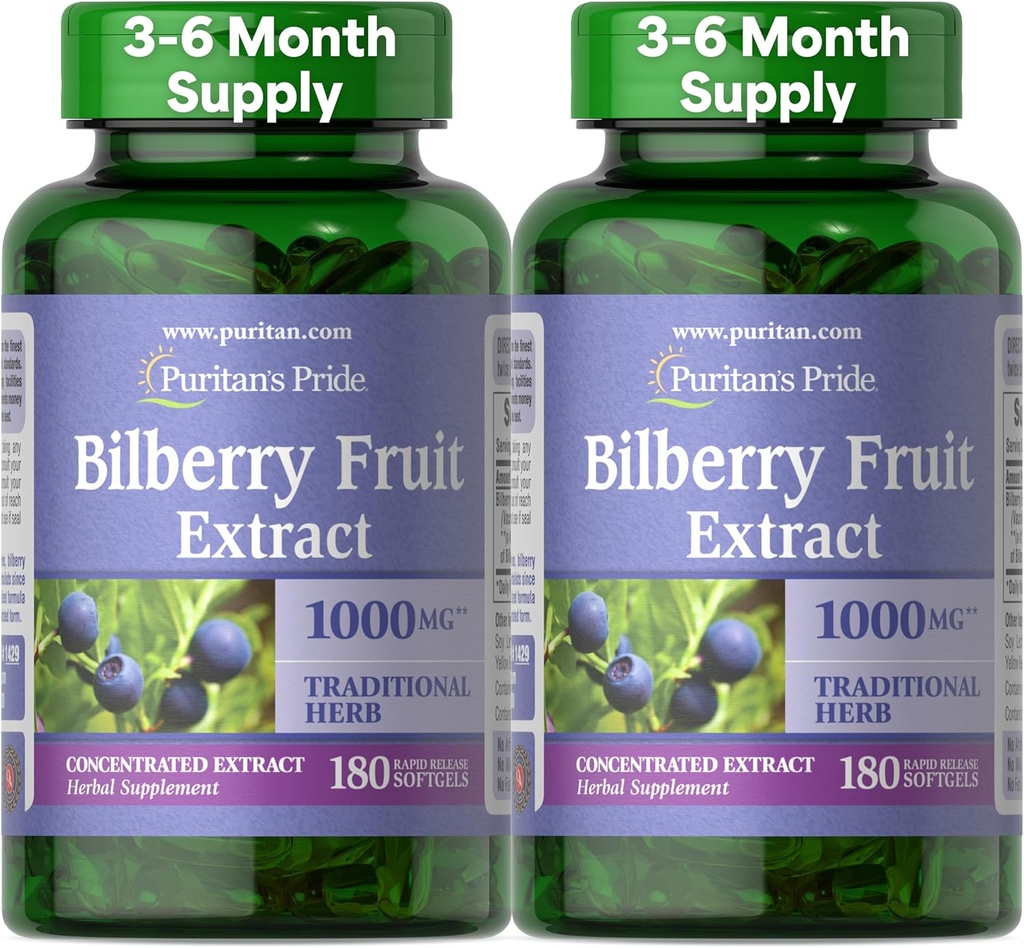 Pride Premium de Puritan Extracto de Frutas de Bilberry 250 mg (equivalente de 1000 mg), 4:1 Suplemento Herbales Tradicional Concentrado, Vitamina C, 3 a 6 Mes Fuente, 180 Rapid Release Softgels 2-Pack