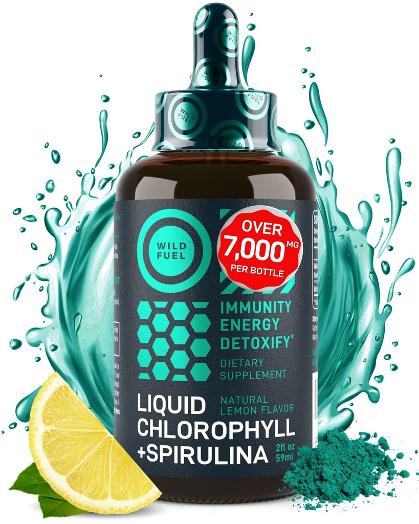 Liquid Chlorophyll Drops with Spirulina for Water - Full Strength Energy, Wellness, Immune Support Supplement - 50mg Chlorophyll Liquid, 12.5mg Spirulina - Lemon Flavor Detox Drink - 2oz, 118 Servings