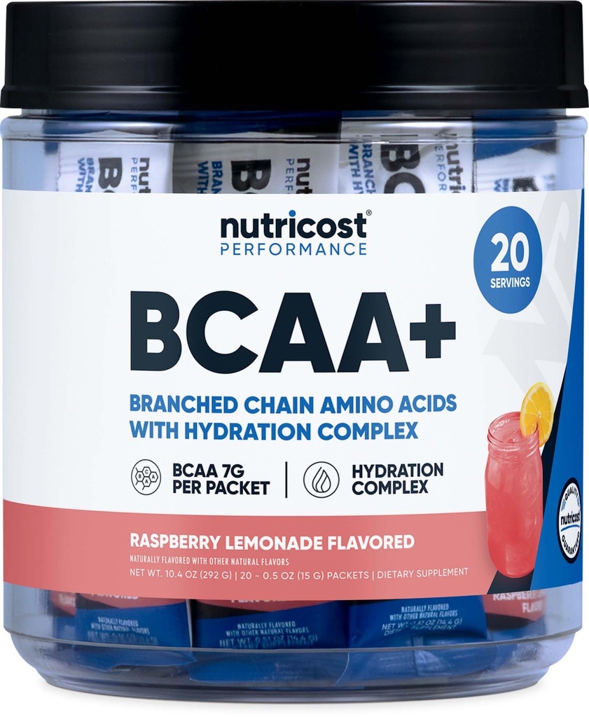 Nutricost BCAA+ Hydration Raspberry Lemonade (20 Stickpacks) - Aminoácidos de cadena ramificados con complejo de hidratación - Gluten-Free, Non-GMO