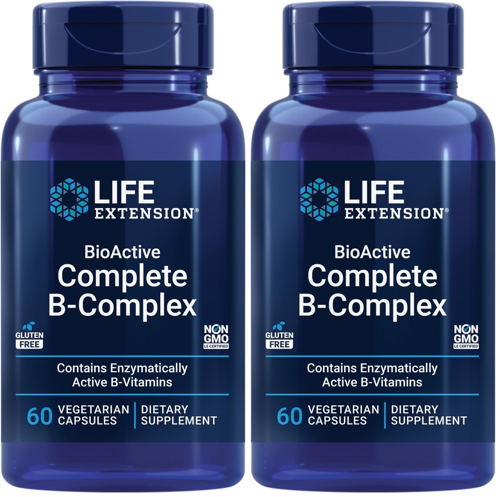 Extensión de vida Bioactive Complejo B, Corazón, Cerebro y Nerve Soporte, Energía sana, metabolismo, Complejo B completo, 60 cápsulas vegetarianas (Pack of 2)