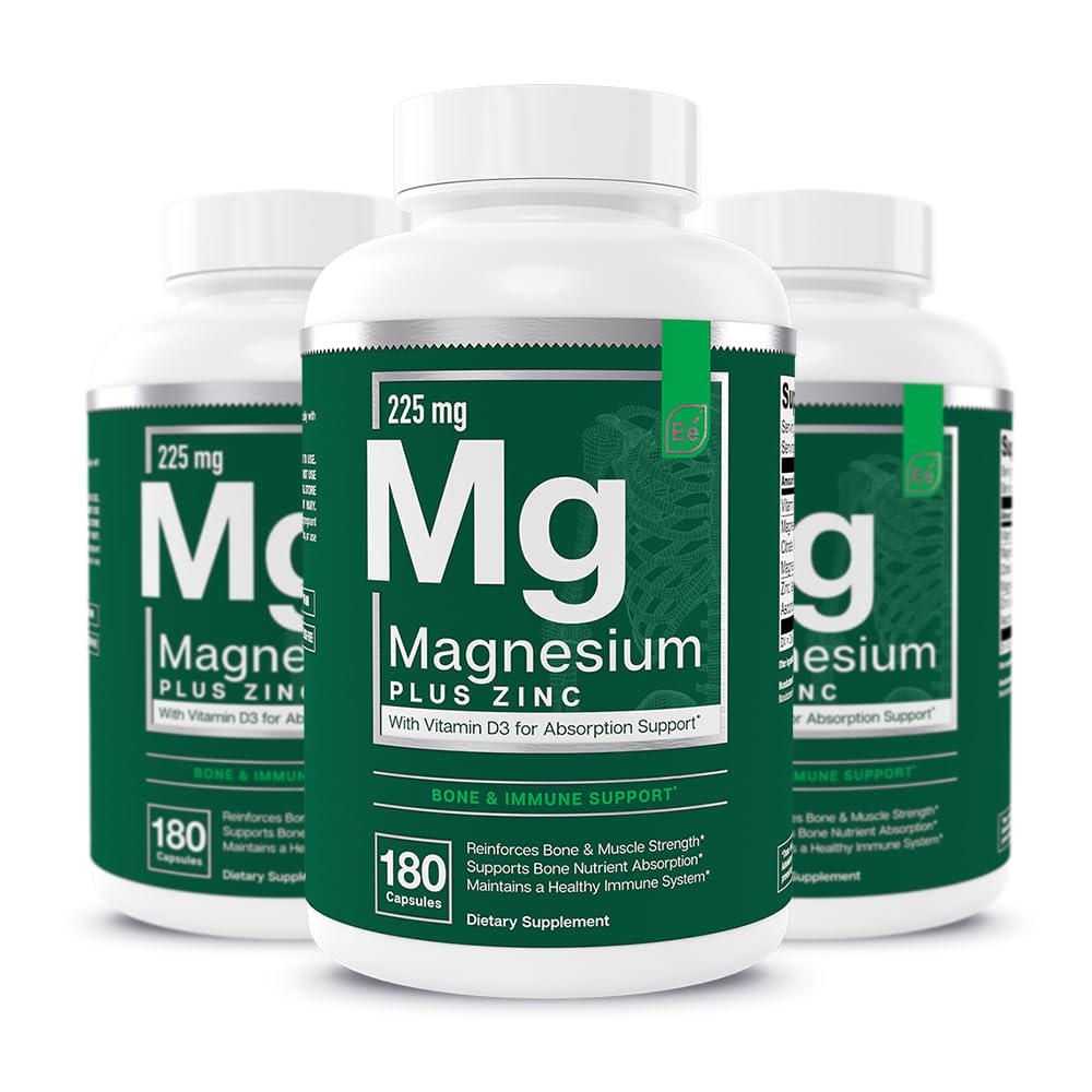 Elementos esenciales Magnesium Plus Zinc con vitamina D3 ← CorazÃ3n Formulado Científicamente, Bone &amp; Muscle Support TEN 225mg Complejo de Magnesio Triple-Fortaleza con Glycinate, Malate, Citrate TEN 540 Con