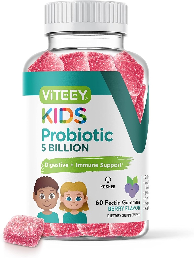 Viteey Probiotic Gummies for Kids - 5 Billion CFUs - Probioticos Kids Constipation Relief, Natural Immune & Digestive Health Support - Vegetarian, Gelatin Free, GMO Gratis - Tasty Berry Flavored Gummy