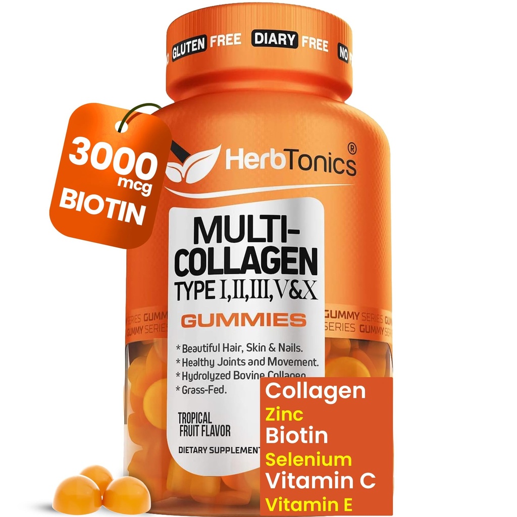 Herbtonics Multi Collagen Gummies with Biotin & Vitamin C, Hydrolyzed Collagen Peptides Types I, II, III, V, X for Hair, Skin, Nails, & Bone Support - New & Improved Tropical Flavor, 60 Gummies