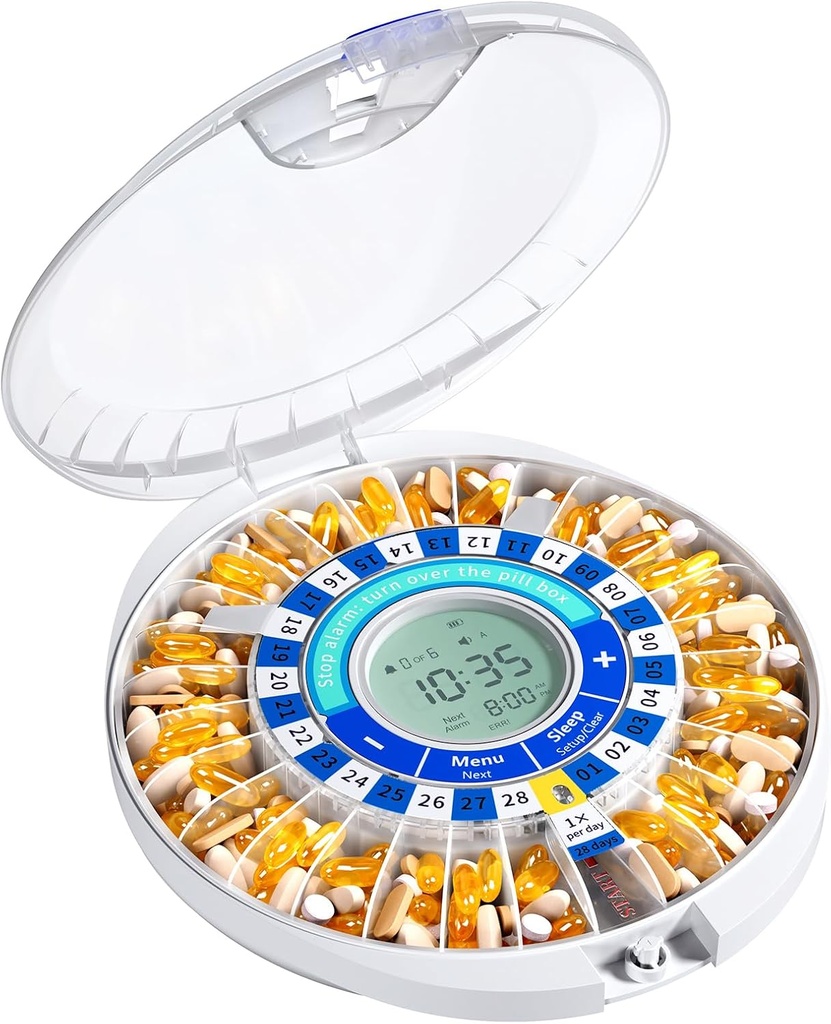 Dispensador automático de píldoras Daviky para el anciano con alarma, caja de píldoras electrónicas de 28 días, Recordadores de luz de sonido para medicamentos, vitaminas y suplementos (lue)