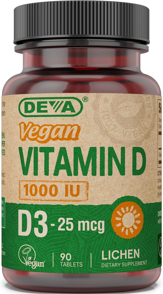 DEVA Vegan Vitamina D3 Suplemento - Una vez por día Tablet con 1000 UI - Cholecalciferol - Lichen Plant Derived - 90 pequeñas tablas