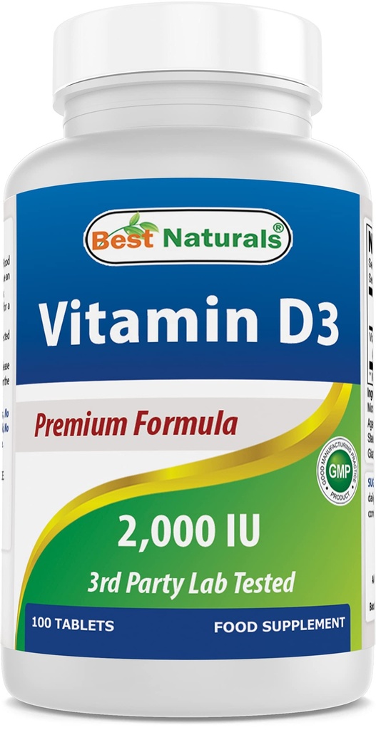 Mejores Naturales Vitamina D3 2000 UI (50 mcg) - 100 Tabletas - 100 Días Suministro - Ayuda Apoyo Salud Inmune, Huesos fuertes y dientes, & Función muscular (100 Cuenta (Pack of 1))