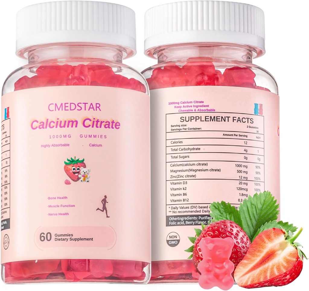 Citrate de Calcio Chewable Gummies 1000mg con Vitamina D3 & K2, B6 &amp; B12, Magnesio, Zinc para Huesos, Músculos &amp; Juntas,Inmunity & Memory Support, Libre de Azús, Gratuito, Vegetariano, Fresa, 60 Condes