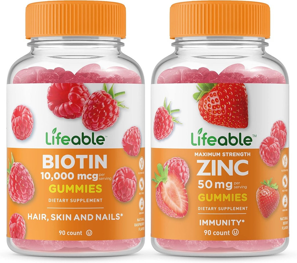 Lifeable Biotin + Zinc 50mg, Gummies Bundle - Great Tasting, Vitamin Supplement, Gluten Free, GMO Free, Chewable