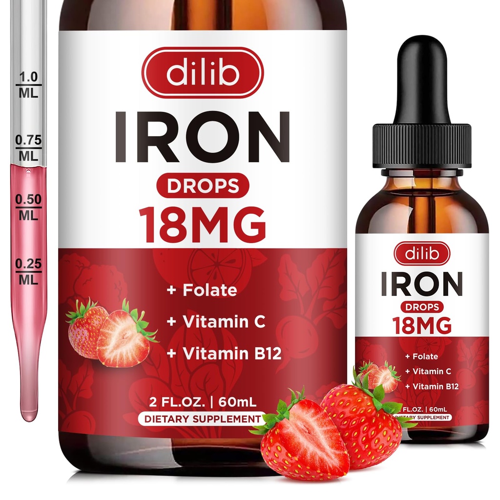Suplemento de hierro líquido para mujeres &amp; hombres gotas de hierro Suplementos de hierro para la anemia con folato, vitamina C, B12 para la célula de sangre roja Apoyo-Strawberry, 2 Fl Oz