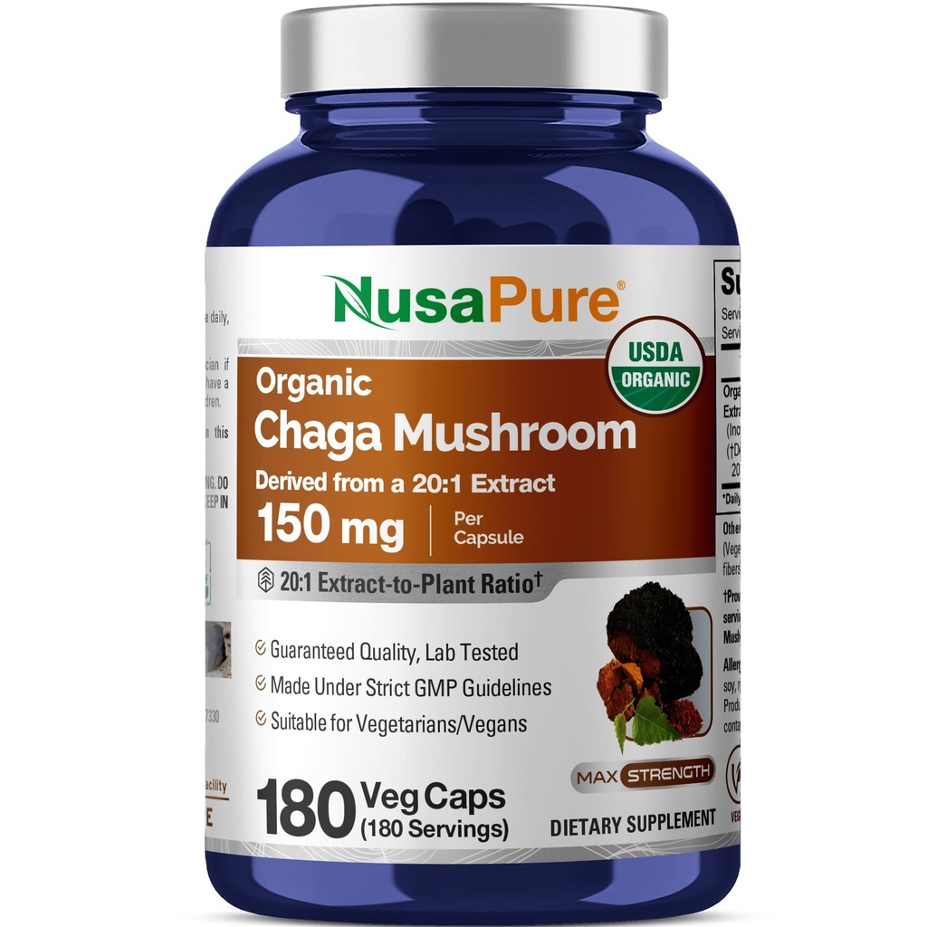 NusaPure Chaga Mushroom 20:1 Extracto, 150 mg Equivalente a 3.000 mg por cápsula vegetariana, 180 Conde, USDA Orgánico, Vegano, No GMO