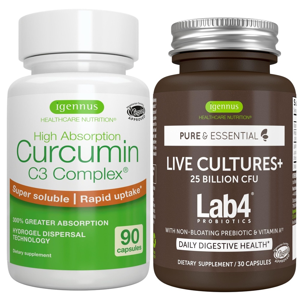 Culturas en vivo+ Lab4 Probióticos + Alta Absorción Curcumina C3 Complejo Vegan Bundle, 25 Billones CFU Probiótico, Prebiótico no hinchable + 300% Curcuminoides de Absorción Mayor con Rápida, por Igennus