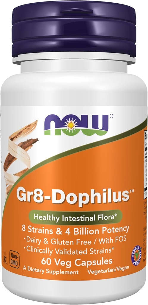 AHORA Suplementos de alimentos, Gr8-DophilusTM con 8 franjas " 4 de billón de potencia, estante estable, 60 cápsulas de verduras