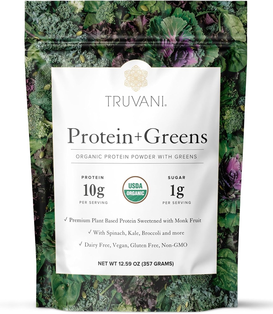 Truvani Protein + Verdes Suplemento Silencioso Espinacas, Kale " Broccoli  10g Orgánica Proteína basada en plantas Silencio 20 Serviciones Silencio USDA Orgánica Silencio Gluten " Dairy Free Silencio Vegan Silencio No Añadido Sugar