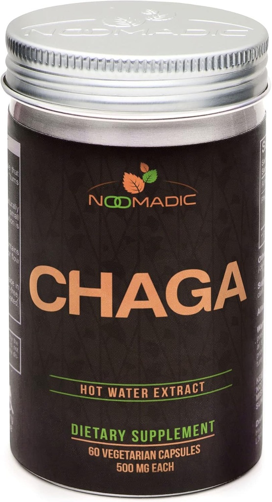 Mushroom de Chaga Noomadic, 60 cápsulas, 500 mg cada uno, antioxidante &amp; apoyo inmunológico, extracto de agua caliente, cuerpos frutales, 30% Beta-D-Glucans