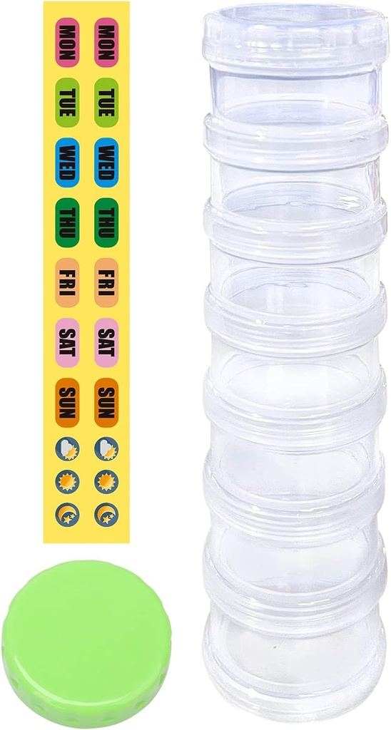 7 Day Pill Organizer Case Stackable Suplementos semanales Vitaminas Pills Holder Dispenser Extra Clear Transparent with Label and One More Lids- Large