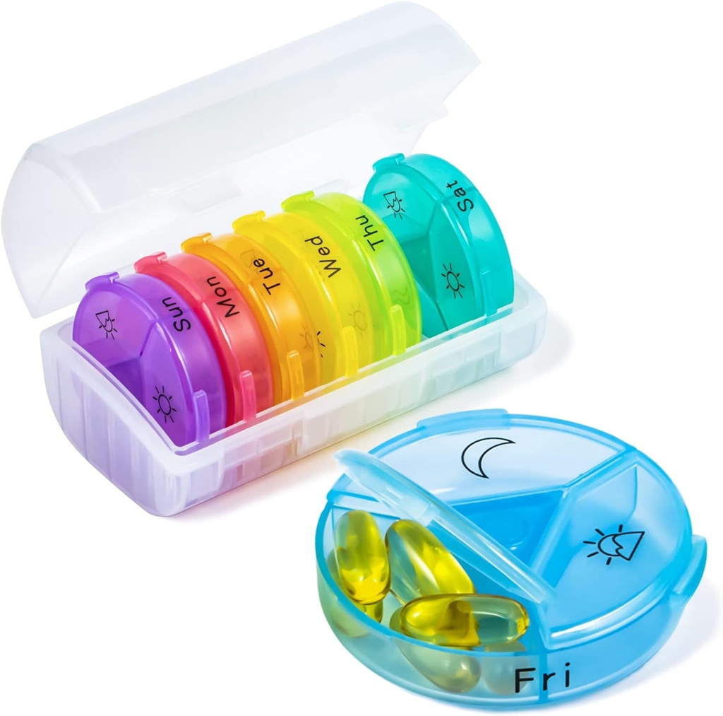 Organizador semanal de píldoras, Chrxbei 3 veces por día Organizador de cajas de píldoras 7 días, caja de carga de viaje con 21 grandes compartimentos, organizador de medicina gratuita de BPA para mantener vitaminas, suplementos, aceites de pescado