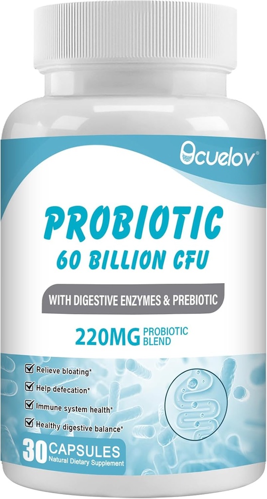Probióticos 60 Billones CFU con 10 Estrados & 3 Prebióticos Orgánicos, Suplemento Probióticos para Mujeres Hombres Apoyo Metabolismo, Inmunidad y Salud Digestiva,No Gluten Free,30 cápsulas