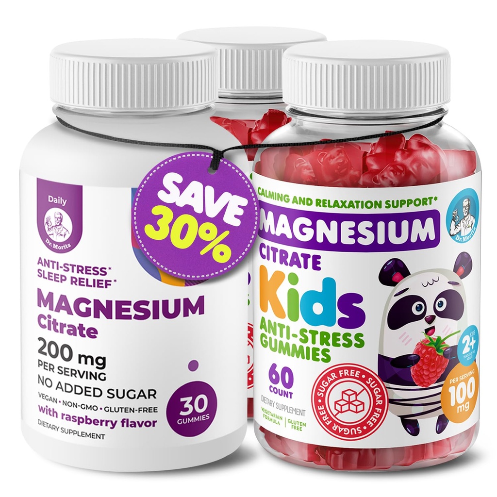 DR. MORITZ Magnesium Bundle - Gummies for Adults (200mg, 30 Conde) and Kids Magnesium Gummies (60 Conde, 2 Pack) - Sin azúcar